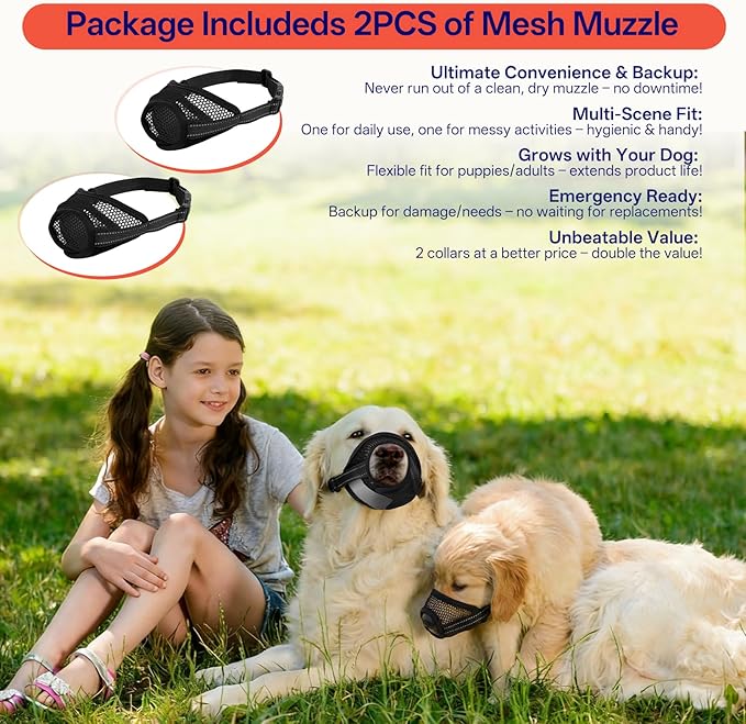 2 Pack Dog Muzzle for Anti Biting and Barking – Secure and Easy-Clean Breathable Mesh Mouth Guard for Grooming, Vet Visits, and Daliy Walks, Fits for Medium Sized Dogs, Black, M