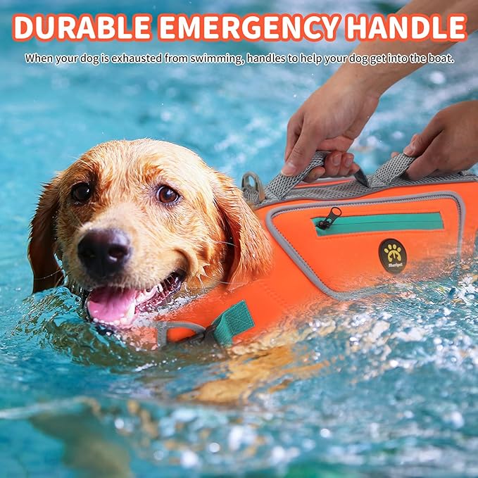 Dog Life Vests for Swimming, High Visibility Dog Life Jacket Lightweight Adjustable Reflective Dogs Swim Vest for Boating, High Floating Dogs Life Preserver with Rescue Handle, Orange, XL
