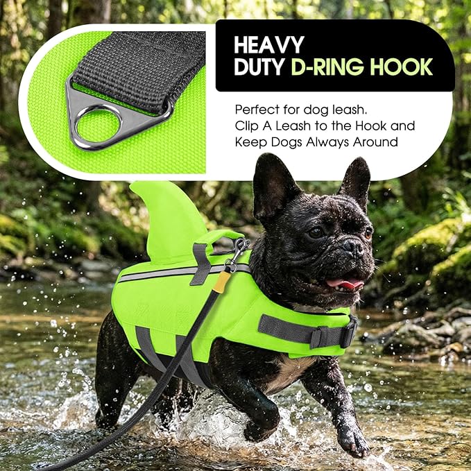 SUNFURA Dog Life Jacket Shark Life Vest for Dogs, Adjustable Swmming Vest with High Buoyancy, Safety Lifesaver with Rescue Handle for French Bulldog Small Medium Breeds, Green S