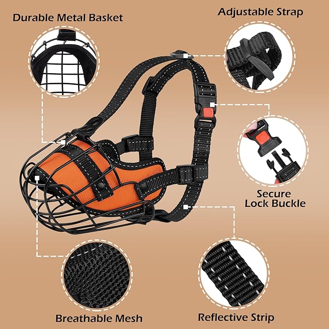 OOPSDOGGY Pitbull Dog Muzzle Reflective Metal Mask Secure Wire Basket Muzzles for Large Sized Dogs Amstaff Soft Cage to Prevent Biting Chewing with Adjustable Straps (Orange, Pitbull)