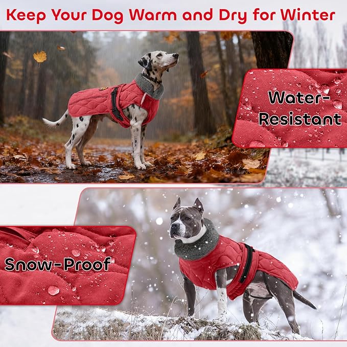 Dog Winter Coat, Adjustable Quilted Dog Snow Jacket with Fleece Lining, Water Resistant Pet Apparel for Cold Weather, Warm Large Doggie Coat with Leash Hole and Reflective Strip, NewRed L