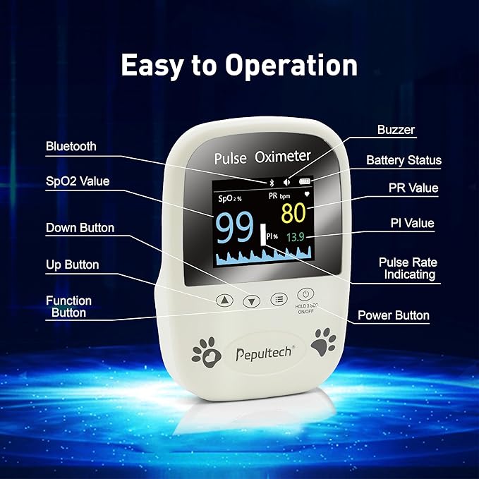 2 Probe Sensor Included -Pepultech Pulse Oximeter for Dogs,Veterinary Blood Oxygen Saturation and Pulse Rate Monitor,Handheld Bluetooth Veterinarian SpO2 Monitor,Accurate Results & Easy to Use