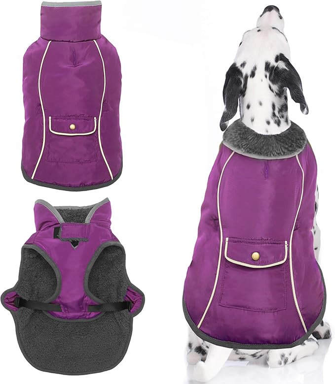 Dog Winter Coat - Warm Dog Clothes for Rain Snow Wind Cold Weather - Reflective Purple Adjustable Windproof Pet Vest Jacket with Leash Hole for Small Medium Large Dogs Indoor Outdoor