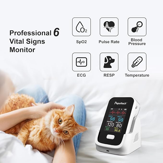 6 Parameters Veterinary Vital Signs Monitor,Bluetooth Veterinary Pulse Oximeter for Dogs, Rechargeable Blood Pressure Monitor for Pets,Oxygen Spo2 Monitoring Tools for Family Clinic Use