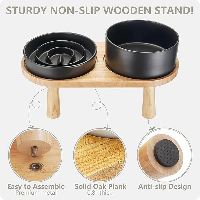 Ceramic Slow Feeder and Water Bowl Set for Small Dogs, 6.0 Inch Ceramic Dog Bowls Elevated with Wooden Stand, 0.6 Cups Dog Slow Feeder(14oz) and 30oz Water Bowl Set, Black