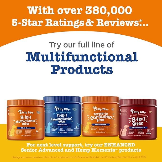 Zesty Paws Senior Dog Multivitamin Treats - Glucosamine for Dogs + Digestive Enzymes & Probiotics - Grain Free Dog Vitamins and Supplements for Skin & Coat + Immune Health Beef - Advanced - 90ct