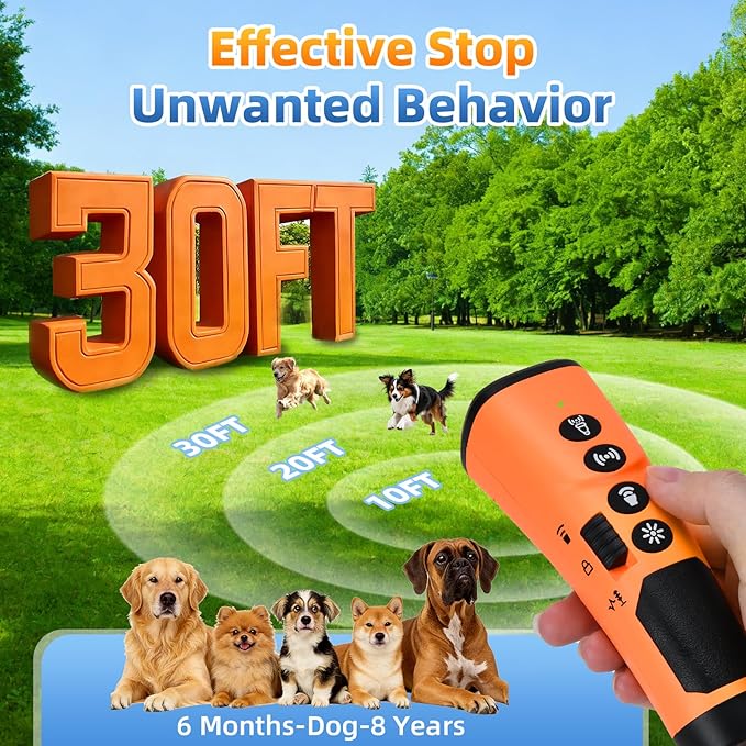 4X Ultrasonic Dog Bark Deterrent Device, 2026 Newest Stop Neighbors Dog Barking, 4 Nozzles Up 100% Efficiency, 3 Modes Humane Training Tool with Flashlight , Safe for Pet Indoor Outdoor（Orange）