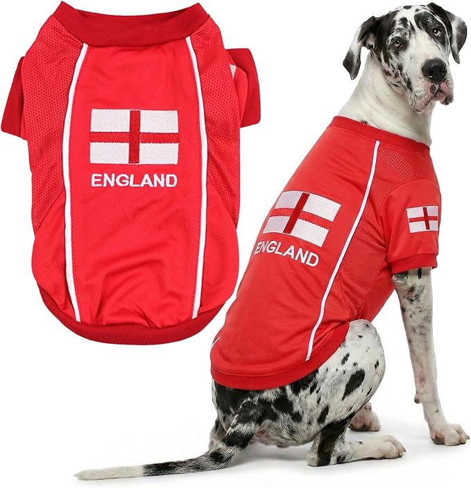 Parisian Pet Team England Dog Jersey - Breathable Mesh Puppy Football Jersey - Lightweight Stretch Sporty Dog Clothes - Summer Shirts for Large Dogs - Soccer Jersey for Dogs - Sportswear Pet Clothes