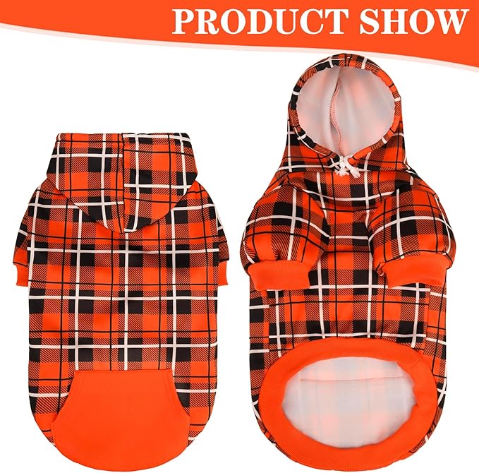 EXPAWLORER Plaid Dog Hoodie - British Style Warm Dog Sweater Shirt with Leash Hole,Pitbull Clothes Outfits,Winter Coat Apparel for All Breeds Puppy Girl Boy-Cat Apparel,Orange XX-Large