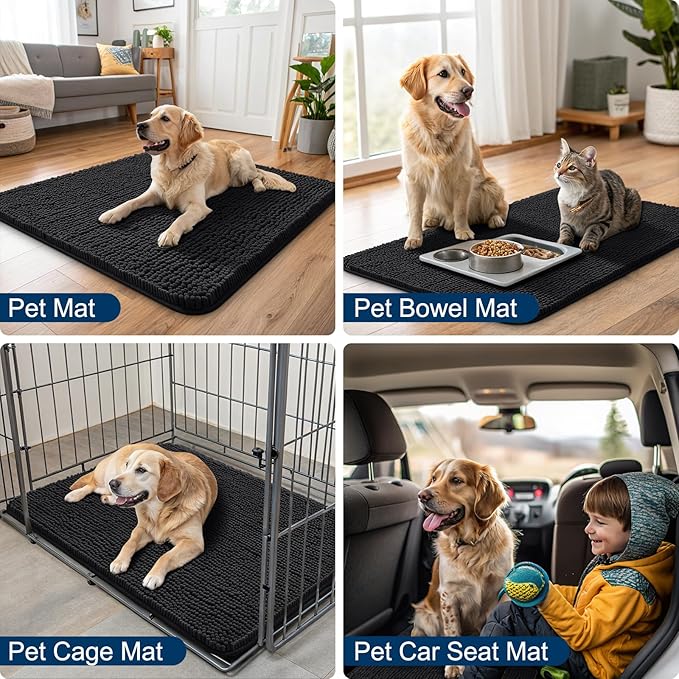 Smiry Dog Door Mat for Muddy Paws 45x27, Absorbs Moisture and Dirt Doormat, Non-Slip Washable Quick Dry Chenille Front Door Mat Indoor Entrance, Entryway Carpet for Inside Floor, Black