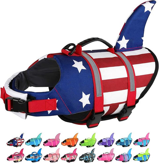 Dogcheer Dog Life Jacket Shark, American Flag Dog Life Vest with Reflective Stripes & Rescue Handle, Adjustable High Buoyancy Puppy Swim Float Vest for Small Medium Large Dogs - USA Flag, XL