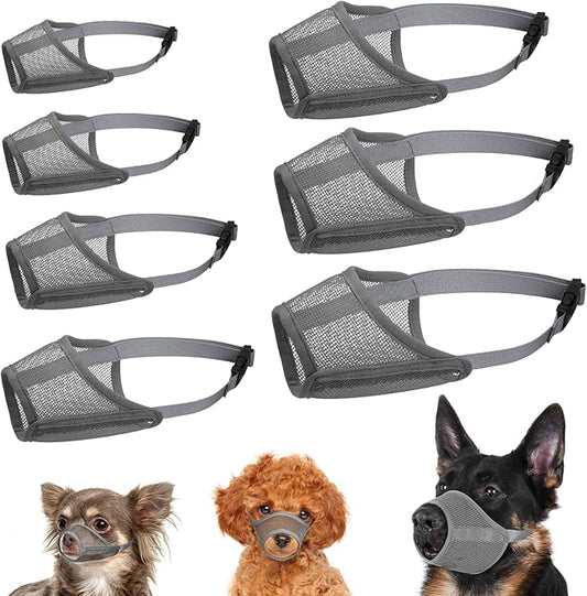 LUCKYPAW Dog Muzzle Suits for Small Medium Large Dogs, Mesh Muzzle Anti Biting Chewing, Breathable Mouth Cover Set with Adjustable Strap for Grooming Vet Visiting Training (7 PCS(XXS-XXL), Grey)