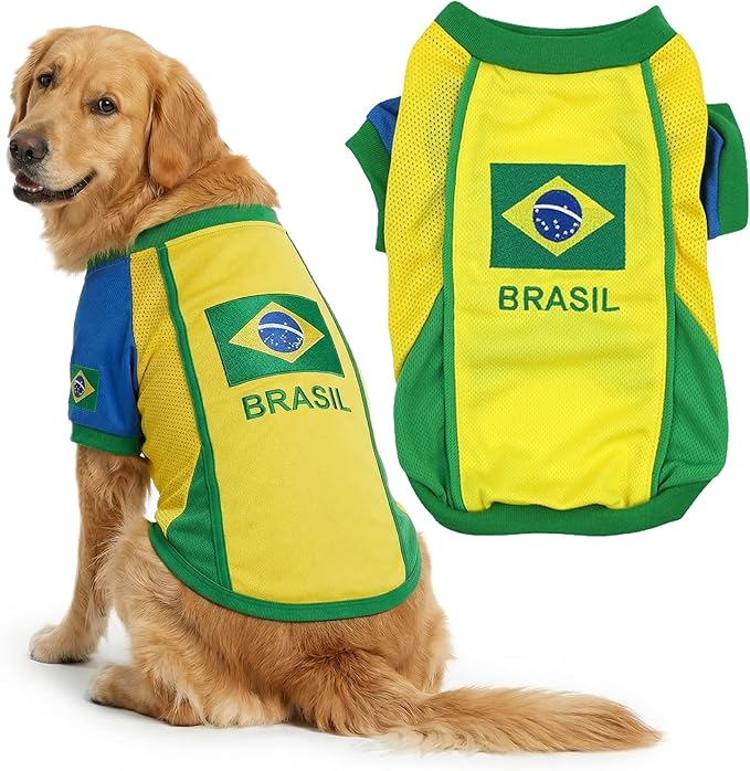 Parisian Pet Team Brazil Dog Jersey - Breathable Mesh Puppy Football Jersey - Lightweight Stretch Sporty Dog Clothes - Summer Shirts for Large Dogs - Soccer Jersey for Dogs - Sportswear Pet Clothes
