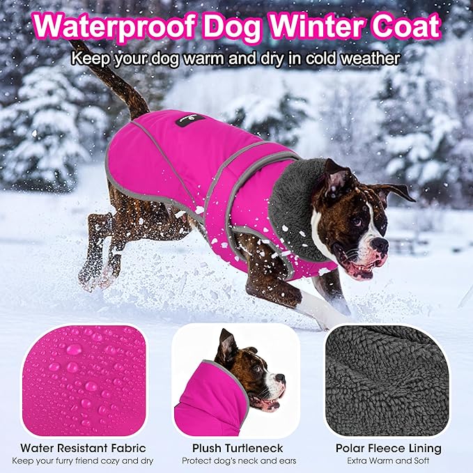 Dogcheer Dog Coat, Waterproof Dog Jacket Reflective Pet Winter Coat with Adjustable Hook & Loop, Christmas Puppy Fleece Jacket Warm Turtleneck Snowsuit for Small Medium Large Dogs - Pink, S