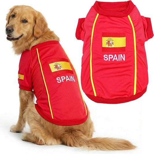 Parisian Spain Dog Jersey - Breathable Mesh Puppy Football Jersey - Lightweight Stretch Sporty Dog Clothes - Summer Shirts for Large Dogs - Soccer Jersey for Dogs - Sportswear Pet Clothes