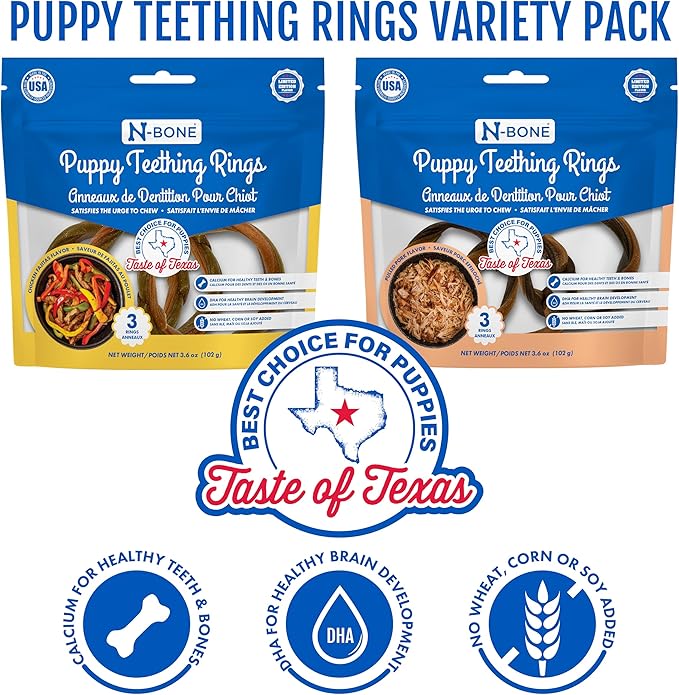 N-Bone Puppy Teething Rings Texas BBQ 3 Count Bag Variety Pack, Burnt Ends & Pulled Pork Flavor, Total 2 Bags, 7.2-oz, 6 Rings