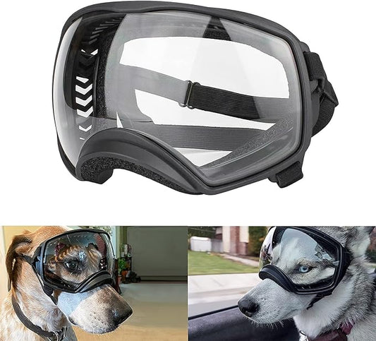 PETLESO Clear Dog Goggles for Large Dogs, Anti-UV Pet Sunglasses for Medium to Large Breed, Dog Eye Protection for Driving Riding Hiking, Wide View &Soft Frame, Adjustable, Clear Lens