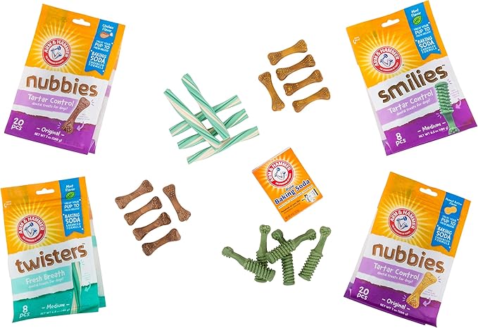 Arm & Hammer for Pets Nubbies Dental Treats - Baking Soda & Calcium Dog Dental Chews, Nubbed Texture Helps Scrub Plaque & Tartar While Chewing, Peanut Butter Flavor, 20 Count, 7 Ounce - 4 Pack