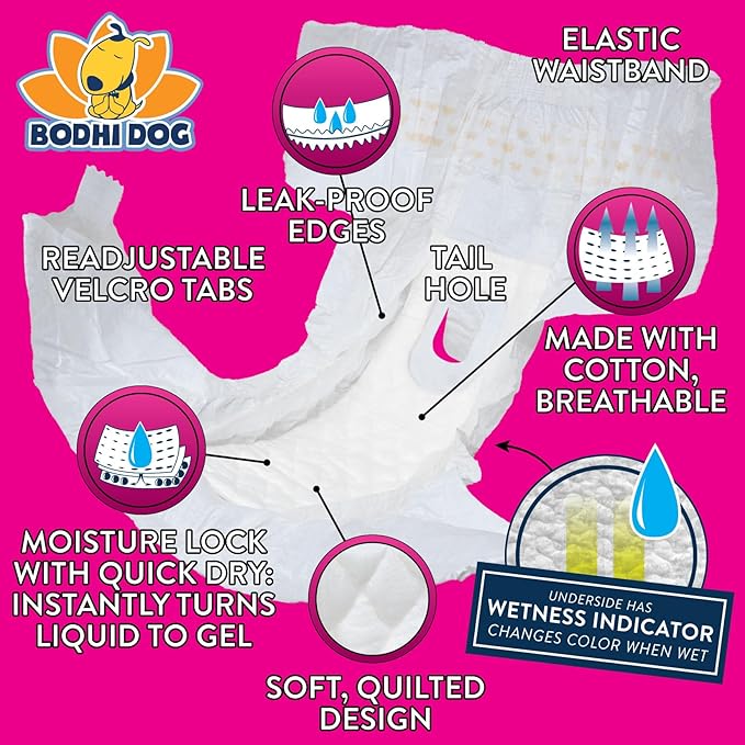 Bodhi Dog Disposable Female Dog Diapers - Super Absorbent Dog Diapers for Female Heat Cycle - Adjustable Fit Pee Wraps for Potty Training, Moisture Control & Wetness Indicator - Extra Large (20 Count)