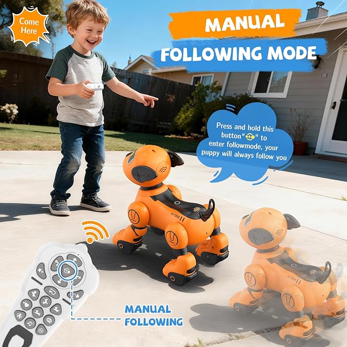 PRANITE Children's Remote Control Robot Dog, Programmable Toy Touch Interactive, Music Interactive Toy, with Follow Mode [Yellow]