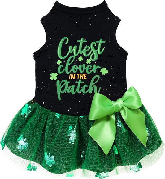 Fitwarm Cutest Clover in The Patch Dog Dress, St Patricks Day Dog Clothes for Small Dogs Girl, Funny Pet Cat Puppy Holiday Outfit, Black, Emerald Green, XS