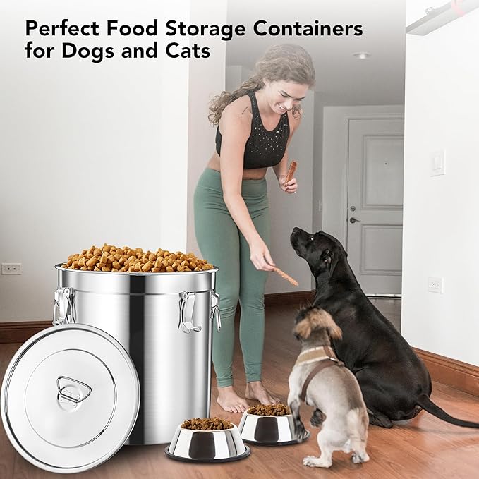 Newget Dog Food Storage Containers, Large Stainless Steel Pet Food Storage Containers 15 lb / 6.5 kg to Keep Fresh, Metal Airtight Cat Food Containers With Scoop and 2 Small Containers