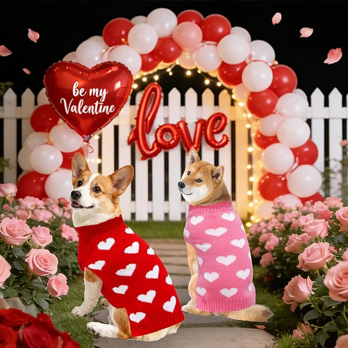 2 Pack Valentines Dog Sweater, Knit Pet Small Dog Sweater Holiday Valentine’s Day Outfit Clothes for Small Medium Large Dogs Pets (Red & Pink, X-Large)