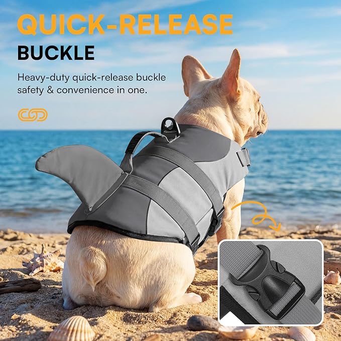 Queenmore Dog Life Jacket Ripstop Dog Safety Vest Adjustable Preserver with High Buoyancy and Durable Rescue Handle for Small,Medium,Large Dogs, Grey Shark X-Large