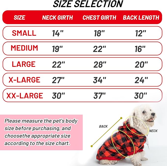 Dog Hoodie for Large Meidum Small Dogs, Winter Plaid Fleece Warm Hooded Dog Hoodies Christmas Pet Sweatshirt Clothes with Pockets for Cold Weather (S-XXL)