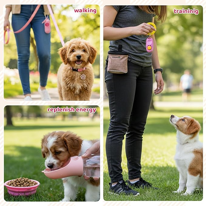 FLYSTAR Puppy Supplies Starter Kit - 42 pcs Puppy Essentials Includes Dog Squeaky Toys, Collar, Leash, Treat Bag, Poop Waste Bag, Blanket, Bowls, Water Bottles, Brush, Training Clicker and More.
