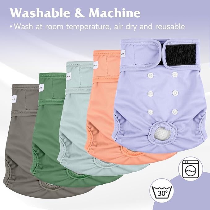 5 Pack Reusable Diapers for Doggie, Highly Absorbent Dog Diapers Female for Pet with Incontinence or Frequent Urination, XX-Large Dog Diapers Female, Pink & Purple