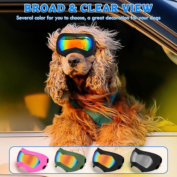 Large Dog Sunglasses Dog Goggles Pet Glasses Pet Eyewear with Adjustable Strap, Glasses for Medium Large Dog Swimming Skating Glasses Windproof Dustproof UV Proof (Black-Colorful)
