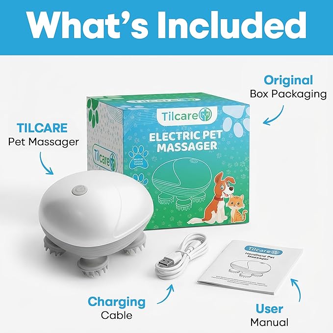 Tilcare Handheld Pet Massager for Dogs and Cats Electric Cat and Dog Massage Tool - Head and Back Scratcher for Relieving Tension, Tight Muscles and Stiffness with Four Rotating Massage Heads