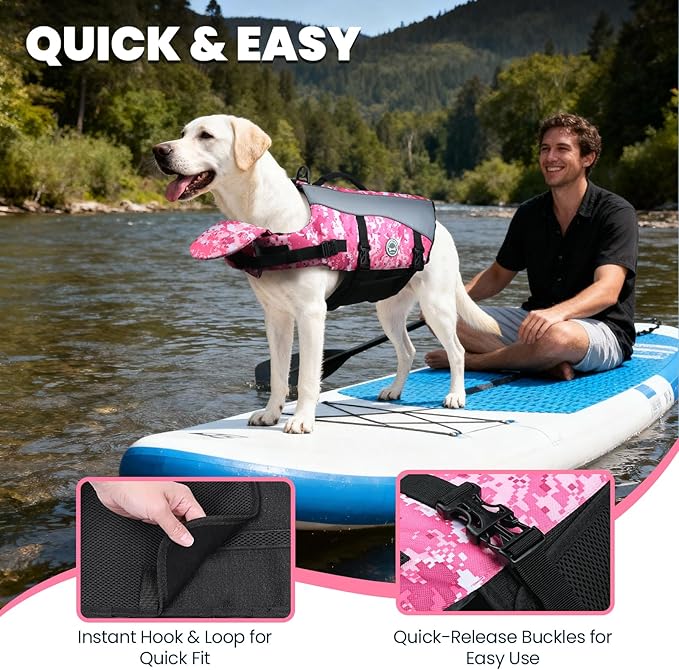 VIVAGLORY Front Float Dog Life Vest, Dog Life Jacket for Swimming & Boating, Swimming Vest with Chin Float & Handle, Ripstop & Buoyancy for Puppy Doggy, S, Camo Pink