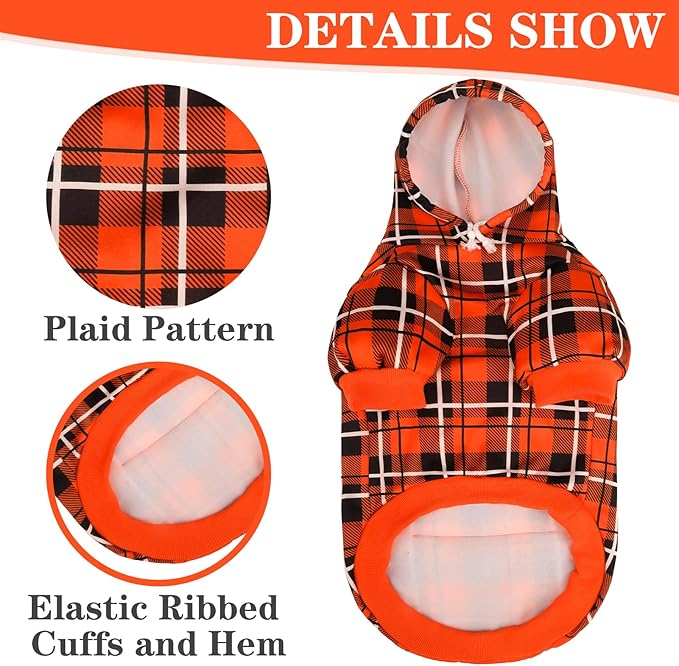 EXPAWLORER Plaid Dog Hoodie - British Style Warm Dog Sweater Shirt with Leash Hole,Pitbull Clothes Outfits,Winter Coat Apparel for All Breeds Puppy Girl Boy-Cat Apparel,Orange S-Medium