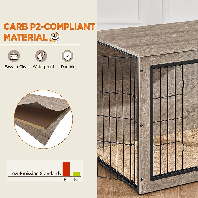 Yaheetech 32'' Dog Crate Furniture, Side End Table w/Cushion, Double Doors, Adjustable Feet, Wooden Kennel Cage for Small/Medium Dogs, Indoor Outdoor