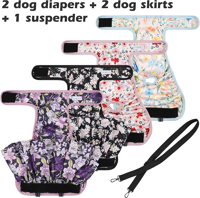 Washable Female Dog Diapers (4 Pack+1 Suspenders), Reusable Female Girl Doggy Doggie Puppy Wraps Panties Belly Band for Pet Heat Period Pooping Peeing Potty Training Incontinence Marking Flower Small