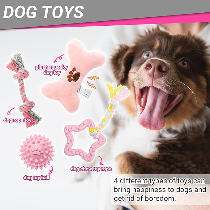 FLYSTAR Puppy Starter Kit for Small Dogs, 26 pcs Dog Supplies, Dog Toys, Collar & Leash, Training Clicker, Treat Bag, Poop Waste Bag with Dispenser, Blanket, Grooming Glove, Bowls, Toothbrush, etc
