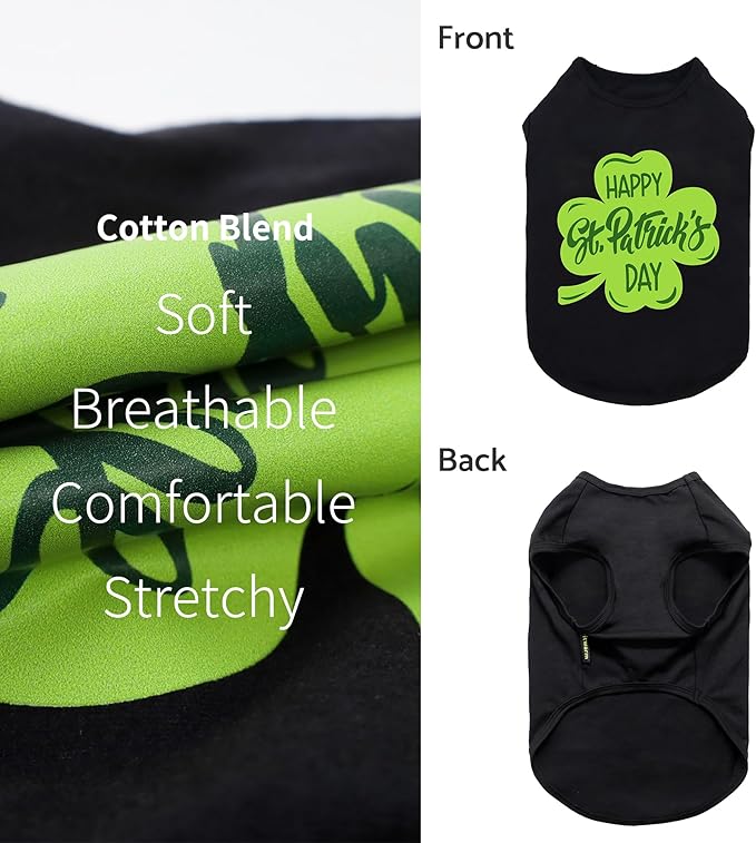 Fitwarm Happy St Patricks Day Dog Clothes, Summer Dog Clothes for Small Dogs Boy Girl, Funny Dog Tshirt, Lightweight Breathable Cotton, Pet Cat Outfit, Black, Green, XS