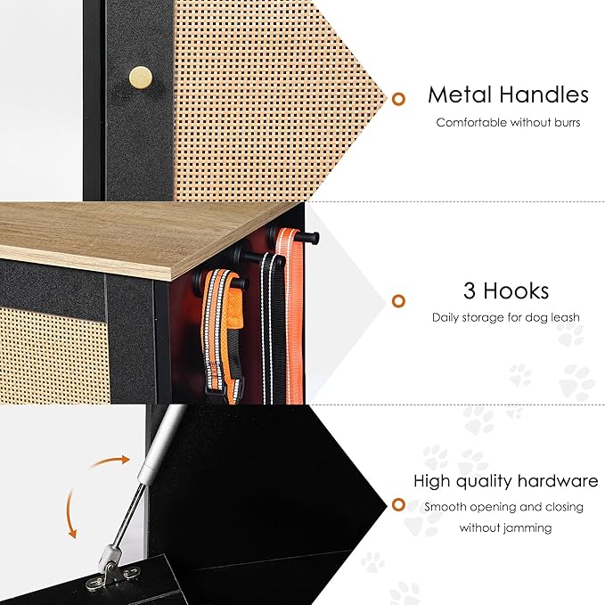 Pet Feeder Station with 2 Lockers, Dog Feeding Station Dog Food Toy Storage Cabinet Storage Container with 2 Pull Out Bowls, Adjustable Panel, Side Hooks, Rattan Door, Black (33.1" Lx14.6 Wx29.6 H)