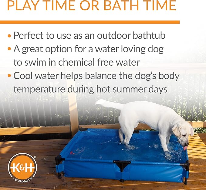 K&H Pet Products Portable Dog Pool & Pet Bath for Dogs and Puppies, Swimming Pool for Large Pets, Heavy Duty Liner with Metal Frame, Easy Drain Plug, Foldable - Extra-Large 50 X 32 X 9in Chill Blue