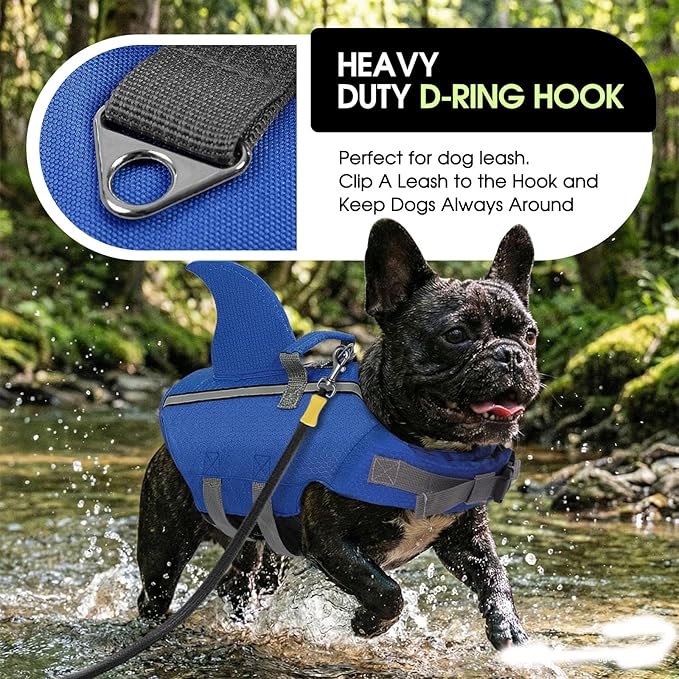 SUNFURA Dog Life Jacket Shark Life Vest for Dogs, Adjustable Swmming Vest with High Buoyancy, Safety Lifesaver with Rescue Handle for French Bulldog Small Medium Breeds, Dark Blue S