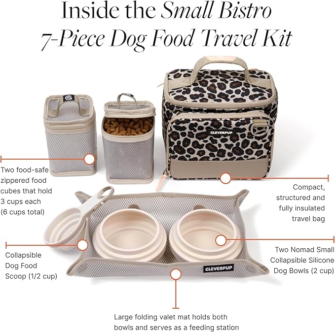 Cleverpup Small 7-Piece Bistro Box Dog Food Travel Kit, 6-Cup BPA-Free Kibble Storage, 2 Silicone Bowls, Mat & Scoop - Portable Pet Food Kit for Weekends, Overnights, Daycare & Camping, Leopard