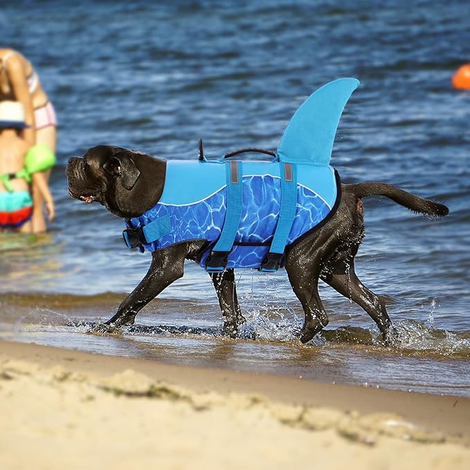 Queenmore Shark Dog Life Jacket - High Buoyant Swimming Vest, Adjustable Easy-On for Small, Medium, Large Dogs (Blue, XL)