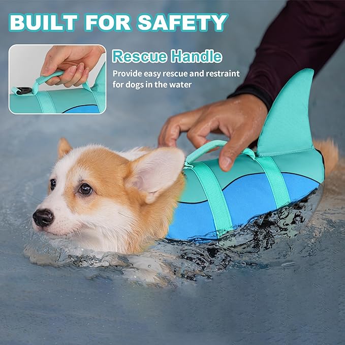 Dogcheer Dog Life Jacket, Cute Shark Dog Life Vest for Swimming Boating with Superior Buoyancy and Rescue Handle, Adjustable Puppy Floating Swim Vest for Small Medium Large Dogs - Pool Blue, L