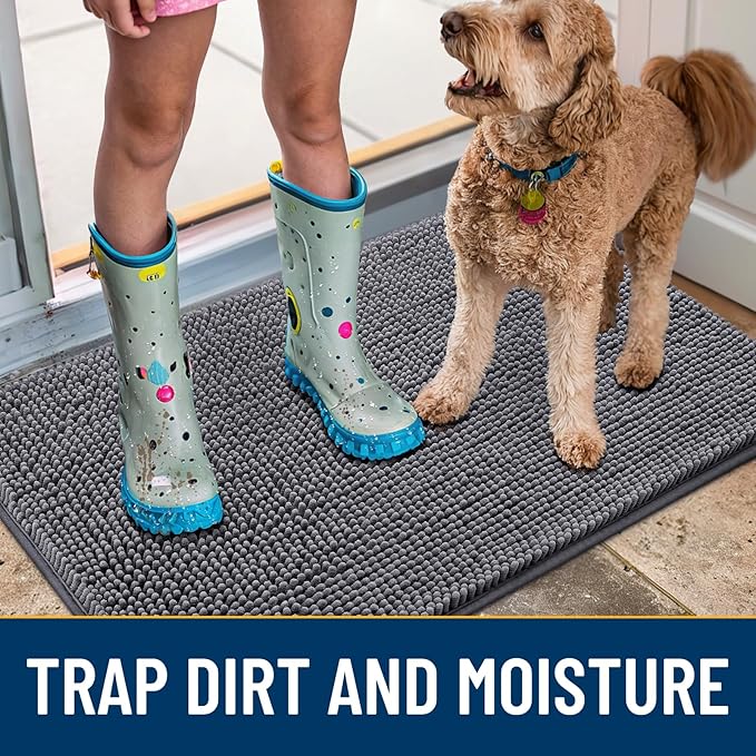 Smiry Dog Door Mat for Muddy Paws 54x24, Absorbs Moisture and Dirt Doormat, Non-Slip Washable Quick Dry Chenille Front Door Mat Indoor Entrance, Entryway Carpet for Inside Floor, Dark Grey