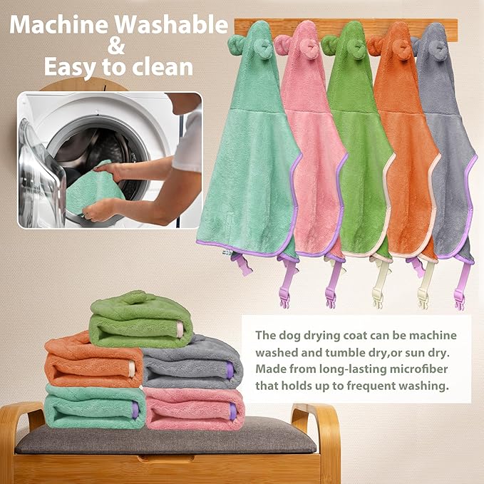 Dog Bathrobe Super Absorbent Towel Robe - Microfiber Bath Towels Fast Drying Coat for Dogs, Cute Dogs Clothes Adjustable Collar & Belly Strap Warm Keeping Hooded Dog Towel (Light Green, Medium)