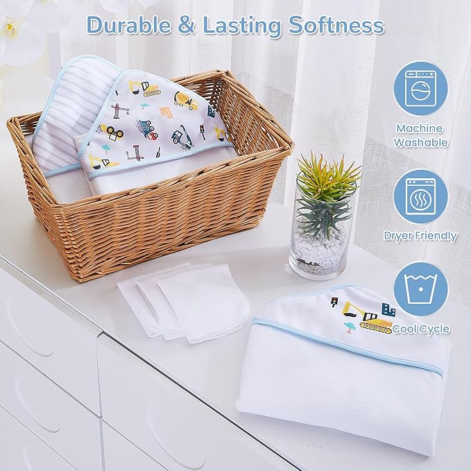Viviland 6 Pcs Hooded Baby Towels and Washcloths Set, Super Gentle Bath Towels for Newborn Face & Body, Absorbent Wash Cloth for Infants Boys, Grey-Excavator Pattern, 28 x 28 inch