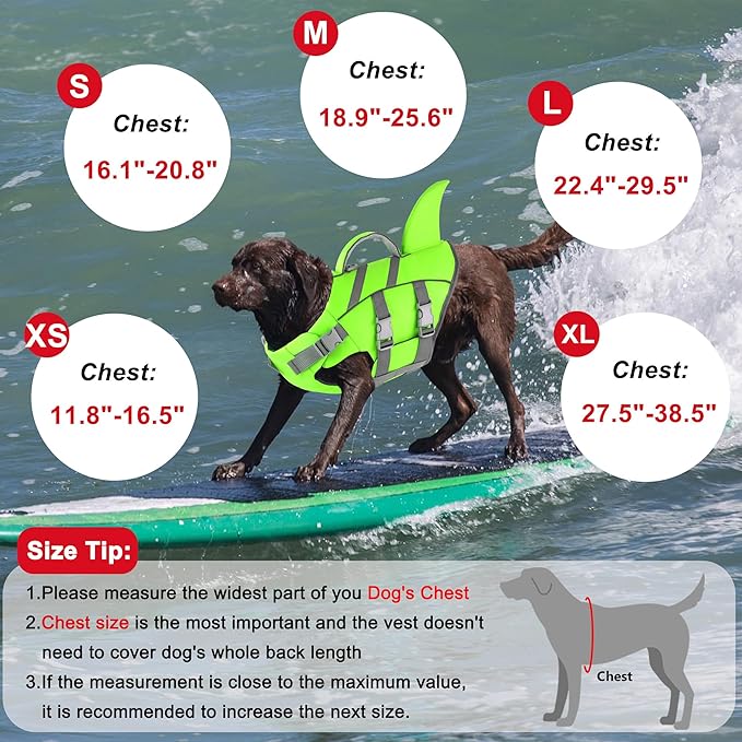 Dogcheer Shark Fin Dog Life Jacket, Adjustable Dog Harness Life Vest for Swimming Boating, Reflective Puppy Swim Vest Pet Flotation Device for Small Medium Large Dogs - Green,S