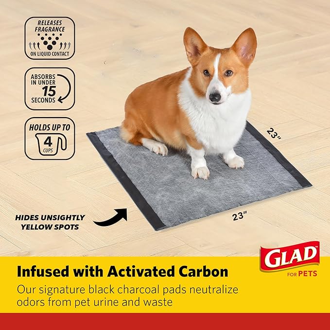 Glad for Pets Dual Action Freshness Activated Carbon Puppy Training Pads with Fragrance Release, Scented Pee Pads, Ultra Absorbent, Odor Control. 23"x23" 30ct